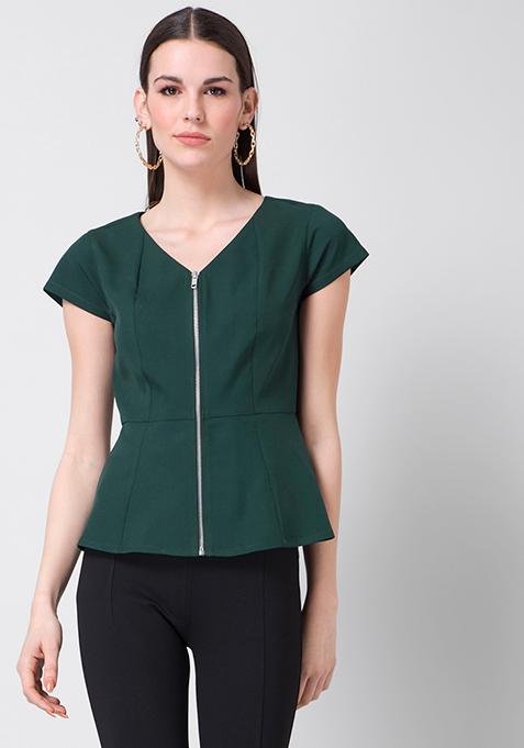 Green Zipped Peplum Top 