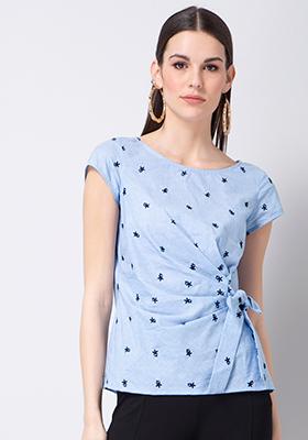 Blue Chambray Embroidered Side Tie Top