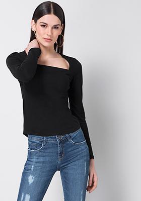 Buy Women Black Square Neck Knit Top - Trends Online India - FabAlley