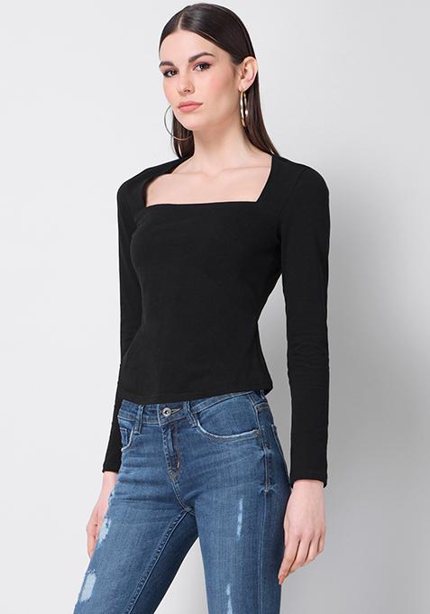 Buy Women Black Square Neck Knit Top - Trends Online India - FabAlley
