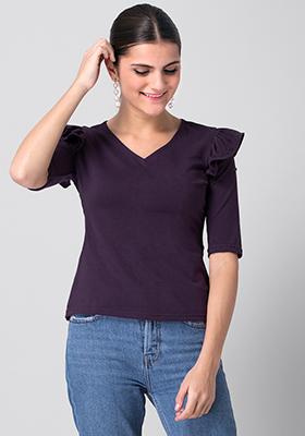 Purple Frilled Shoulder Knit Top