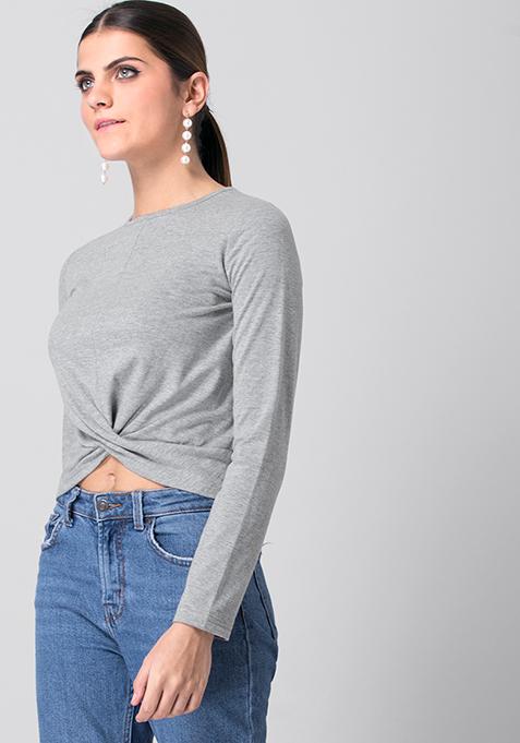 Grey Front Wrap Knit Crop Top