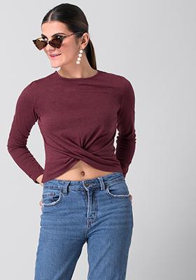 Maroon Front Wrap Knit Crop Top