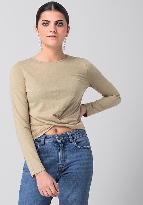 Beige Front Wrap Knit Crop Top