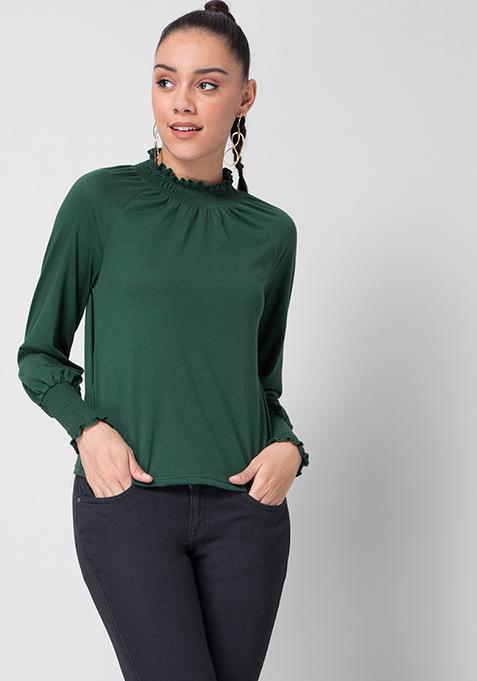 Dark Green Smocked High Neck Top