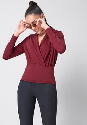 Maroon Wrap Front Gather Knit Top