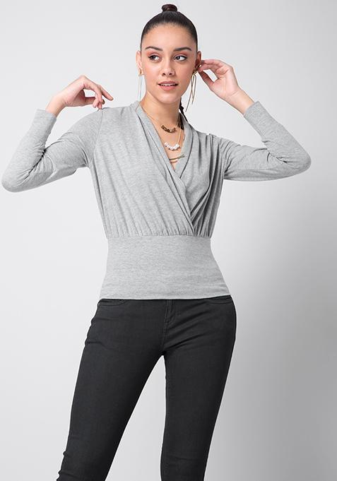 Grey Wrap Front Gather Knit Top