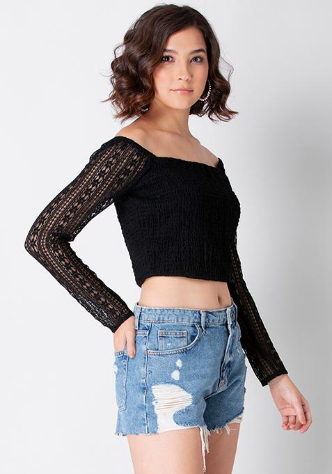 Buy Women Black Smocked Square Neck Lace Top - Trends Online India ...