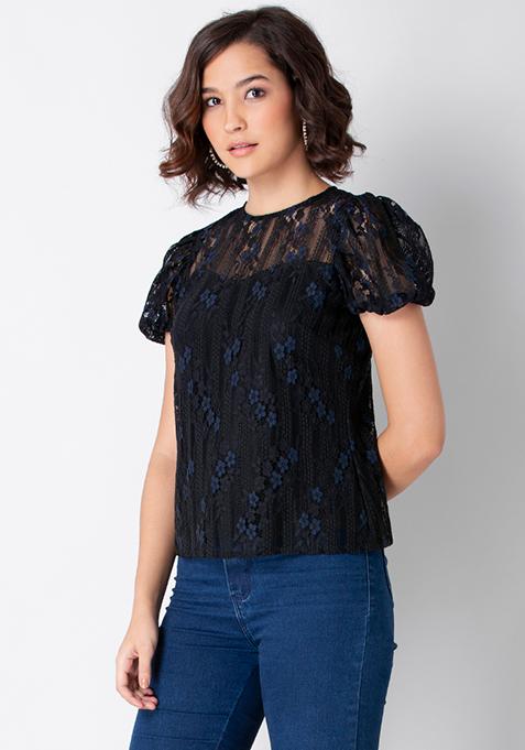 Buy Women Black Puff Sleeve Floral Lace Top - Trends Online India ...