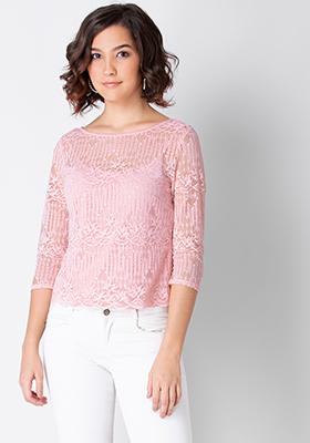 Blush Pink Neck Tie Lace Top