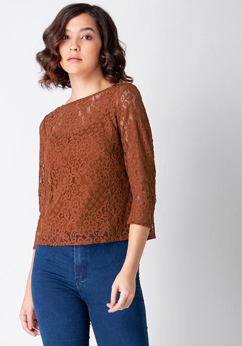 Rust Neck Tie Floral Lace Top 