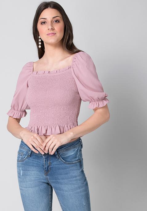 Pastel Pink Smocked Puff Sleeve Crop Top