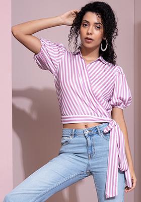 Lilac Striped Puff Sleeve Collared Wrap Top 