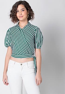 Green Striped Puff Sleeve Collared Wrap Top 