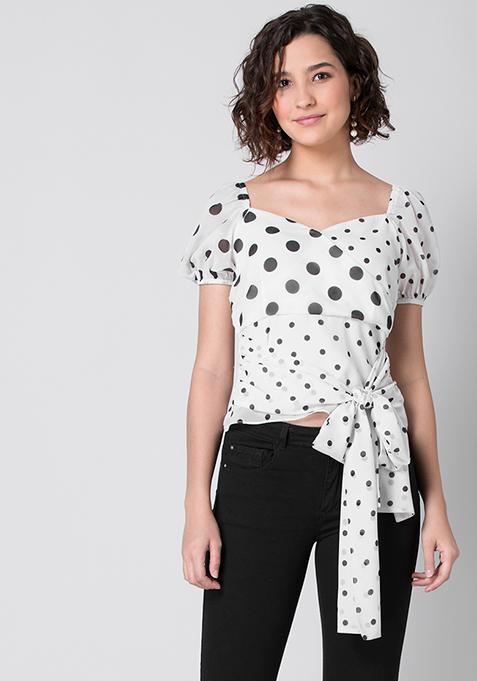 White Black Polka Belted Wrap Top