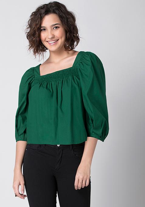 Dark Green Poplin Puff Sleeve Smocked Top 