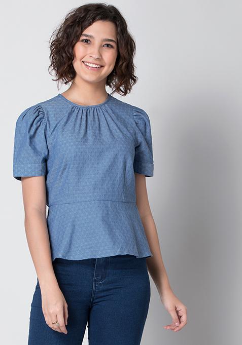 Blue Chambray Puff Sleeve Peplum Top