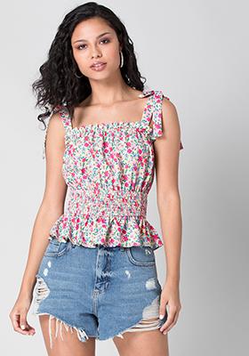 Multicolored Strappy Smocked Peplum Top