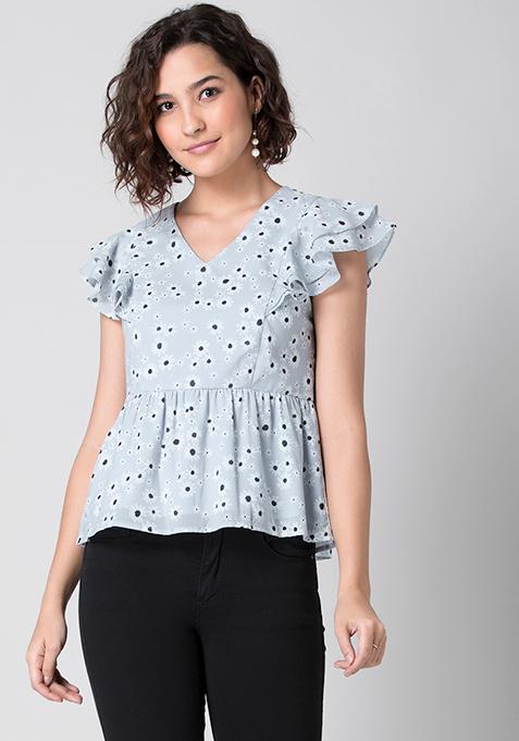 White Blue Floral Ruffle Sleeve Peplum Top 