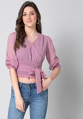 Lilac Swiss Dot Belted Crop Top 