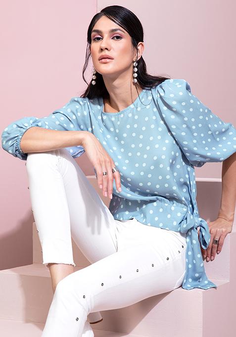 Blue White Polka Belted Blouse