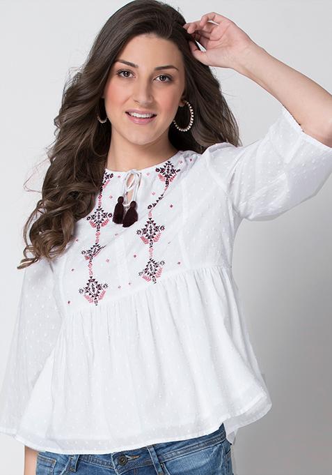 White Swiss Dot Embroidered Peplum Top