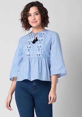 White Blue Dobby Embroidered Peplum Top