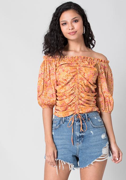 Yellow Ditsy Ruched Off Shoulder Top