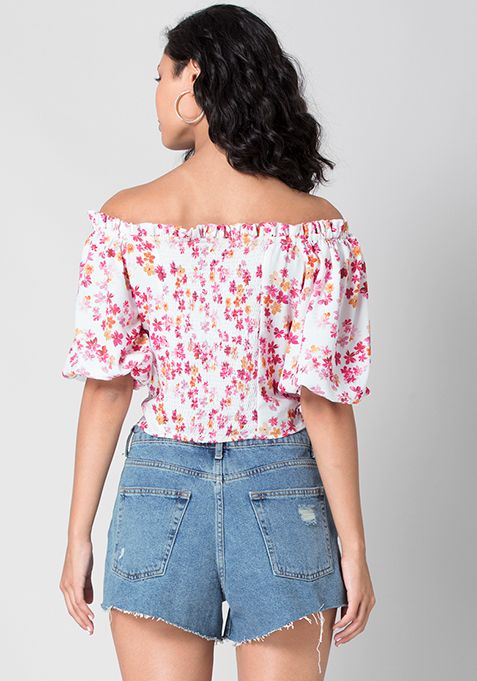 Buy Women White Pink Floral Ruched Detail Off Shoulder Top Beach Wear Online India Faballey 6236