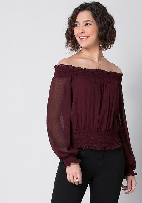 Burgundy Smocked Off Shoulder Top