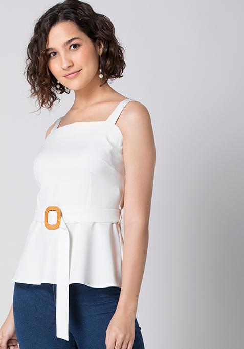 White Sleeveless Buckle Belted Peplum Top 