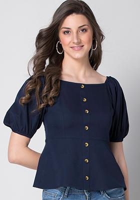 Blue Buttoned Puff Sleeve Blouse 