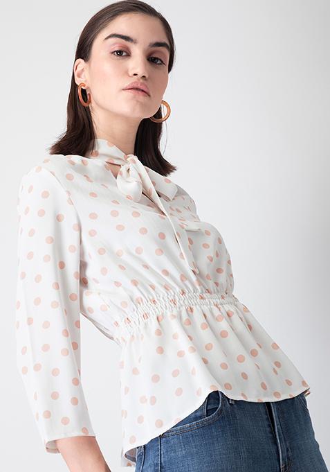 White Polka Bow Collar Peplum Top