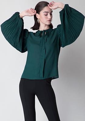 Green Pleated Sleeve Neck Tie Blouse