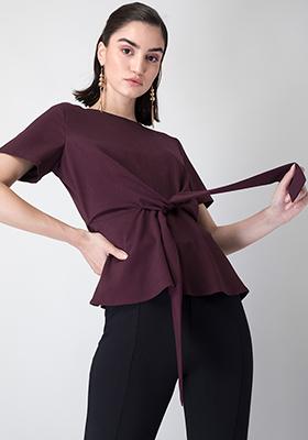 Wine Front Knot Blouse 