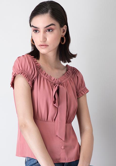 Dusty Pink Ruffled Front Knot Peplum Top 