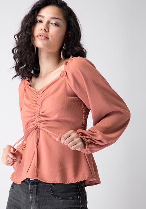 Dusty Pink Front Ruched Peplum Top 
