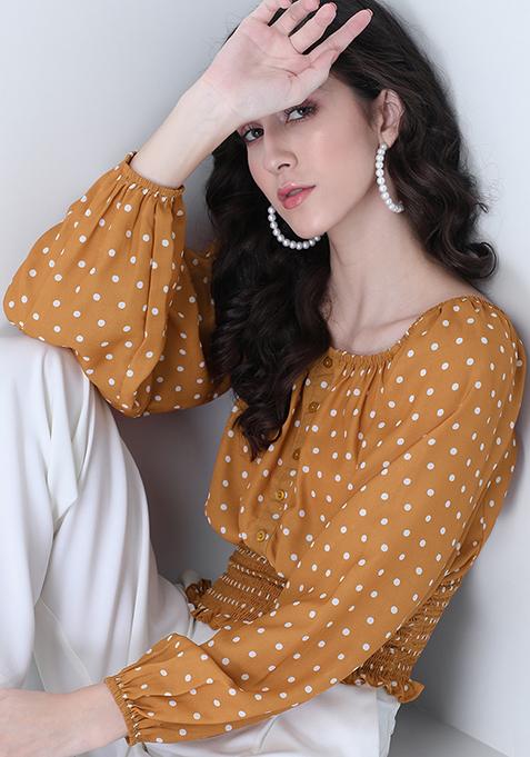 Mustard Polka Buttoned Smocked Waist Top 