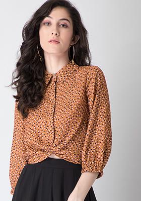 Rust Polka Collared Front Knot Crop Shirt 