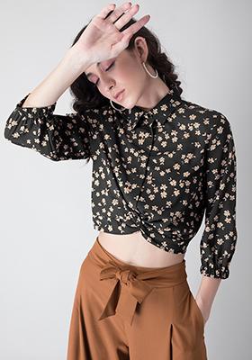 Black Floral Collared Front Knot Crop Shirt 