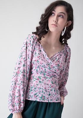 Pink Ditsy Floral Wrap Peplum Top 