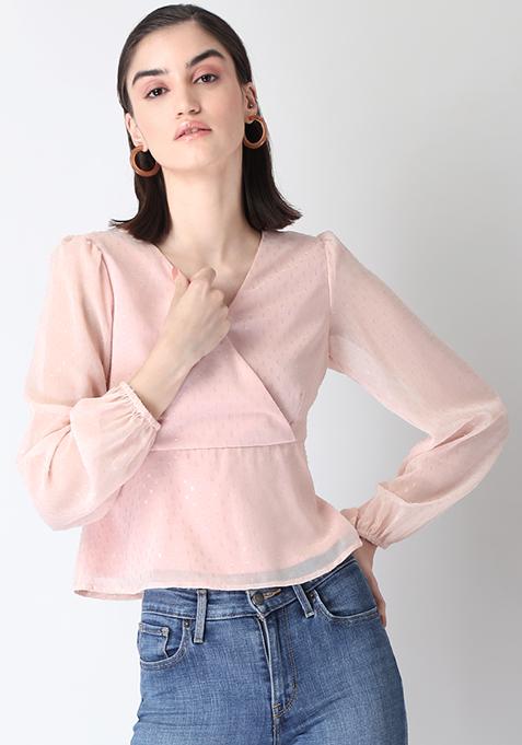 Buy Women Blush Pink Lurex Full Sleeve Wrap Top - Trends Online India ...