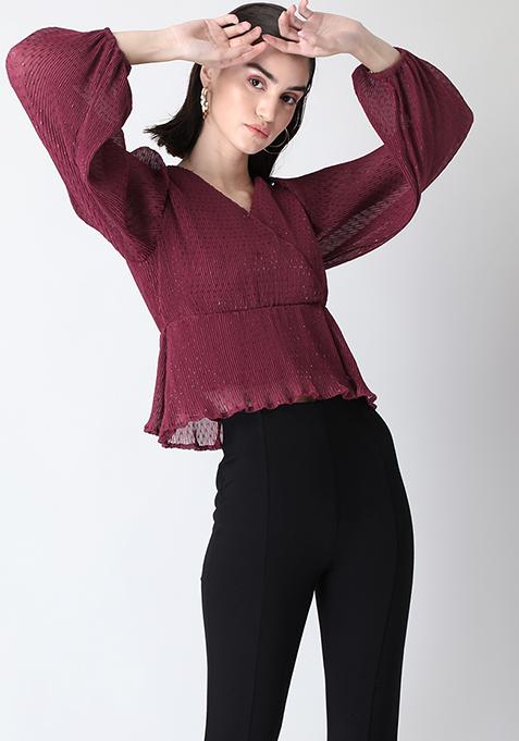 Maroon Pleated Dobby Wrap Peplum Top 