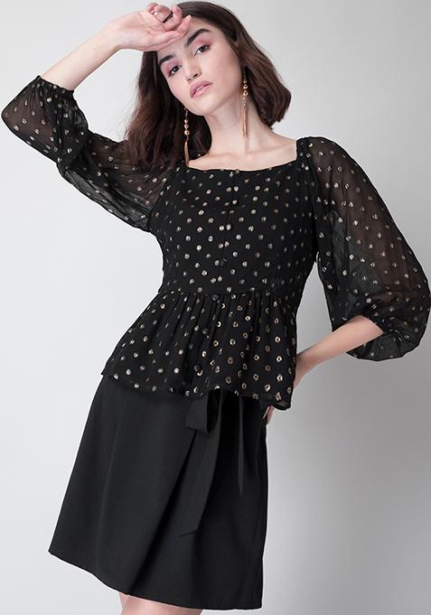 Black Self Design Button Down Peplum Top 