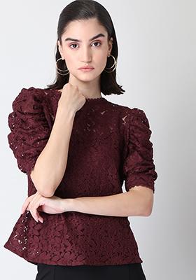 Maroon Lace Ruched Sleeve Top