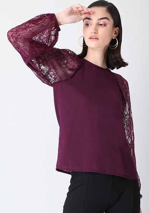 Wine Lace Sleeve Blouse 