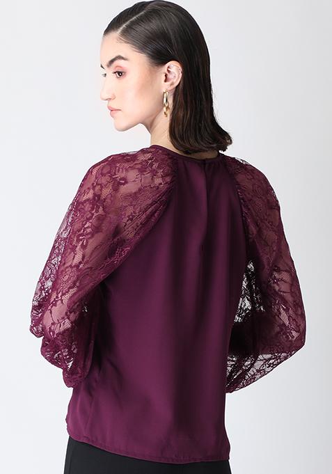 Buy Women Wine Lace Sleeve Blouse - Trends Online India - FabAlley