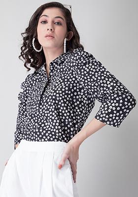 Black Floral Collared Puff Sleeve Shirt 