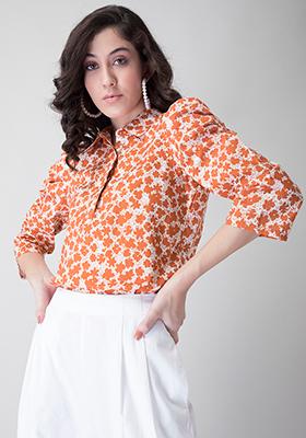 White Floral Collared Puff Sleeve Shirt 