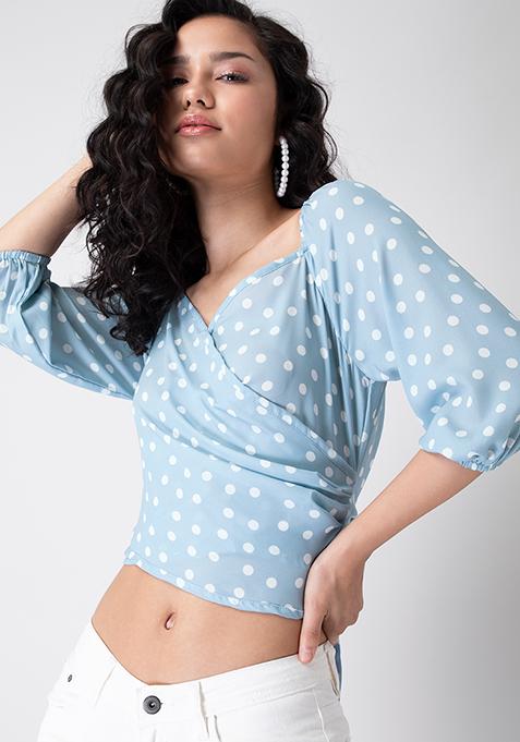 Blue Polka Wrap Top 